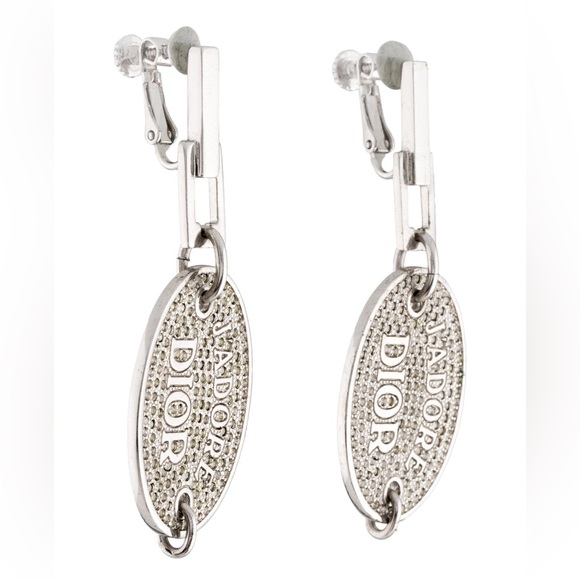 Dior Vintage Crystal J'Adore Oval Tag Drop Earrings with rhinestones - Picture 4 of 9